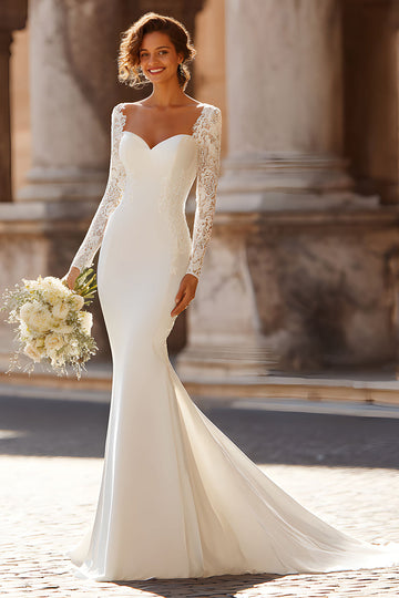 White Mermaid Long Sleeve Wedding Dress With Lace